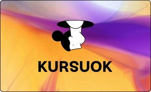 Baneris su Kursuok logotipu – stilizuotu žmogaus siluetu juodos ir baltos spalvų derinyje. Po logotipu užrašas „KURSUOK“. Fone – abstraktus violetinės ir oranžinės spalvų perėjimas.