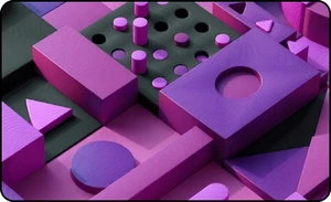 Abstrakti violetinių geometrinių figūrų kompozicija verslo, vadybos ir ekonomikos temai.