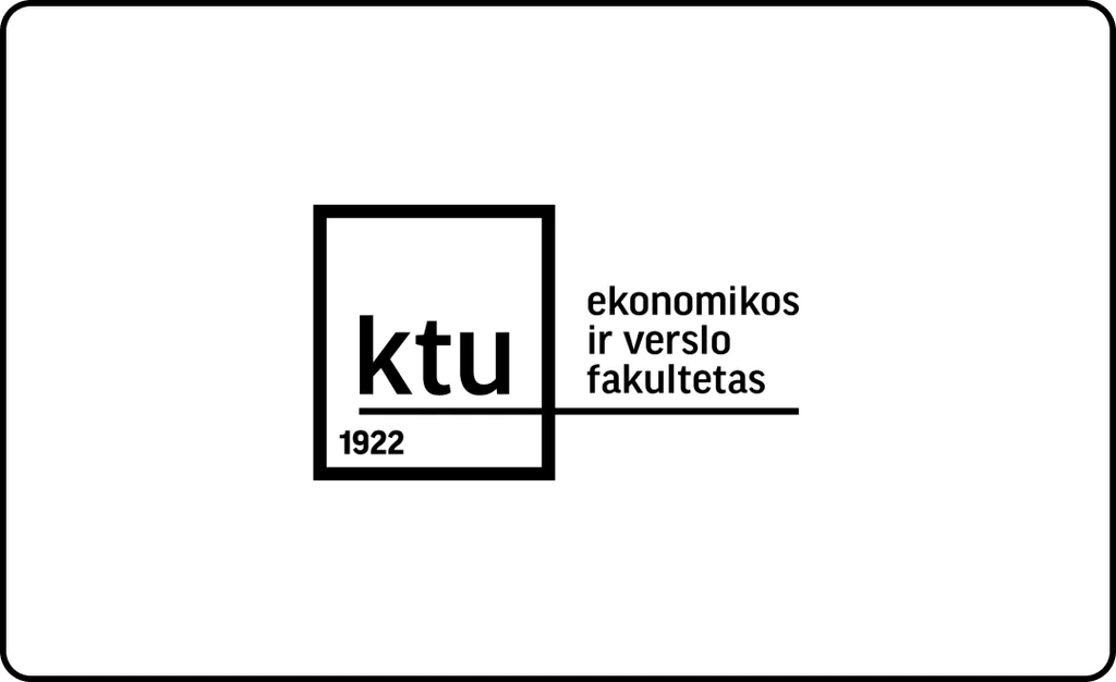 KTU Ekonomikos ir verslo fakulteto logotipas, akcentuojantis universiteto kompetencijas verslo vadybos, ekonomikos analizės ir tarptautinės verslo strategijos srityse.