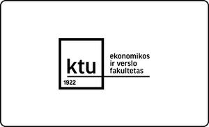 KTU Ekonomikos ir verslo fakulteto logotipas, akcentuojantis universiteto kompetencijas verslo vadybos, ekonomikos analizės ir tarptautinės verslo strategijos srityse.