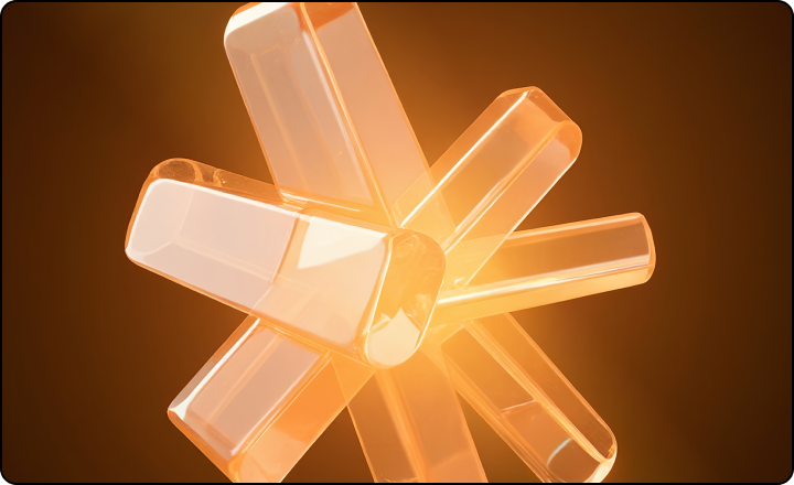 Šviesiai oranžinė, kristalą primenanti forma juodame fone, perteikianti šiuolaikines edukacines inovacijas švietimo, pedagogikos ir mokymosi plėtroje.