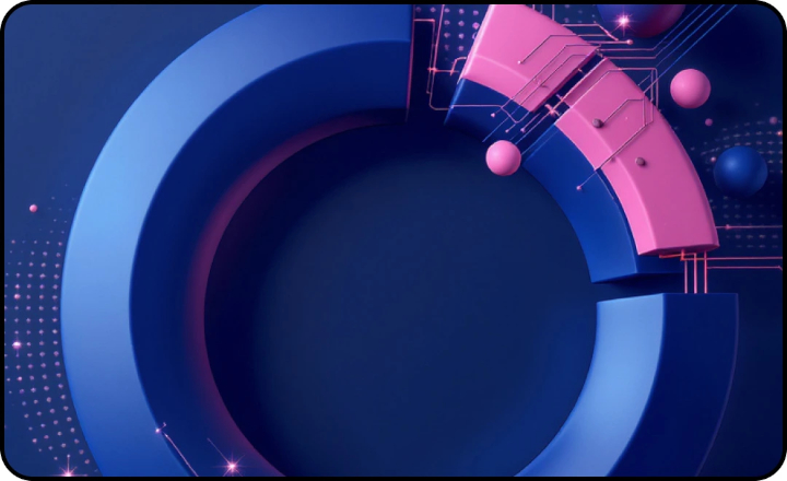 Mėlynos ir rožinės spalvos apskritimų kompozicija su futuristiniais grafiniais elementais, perteikianti augimą, kryptį ir lyderystės dinamiką.