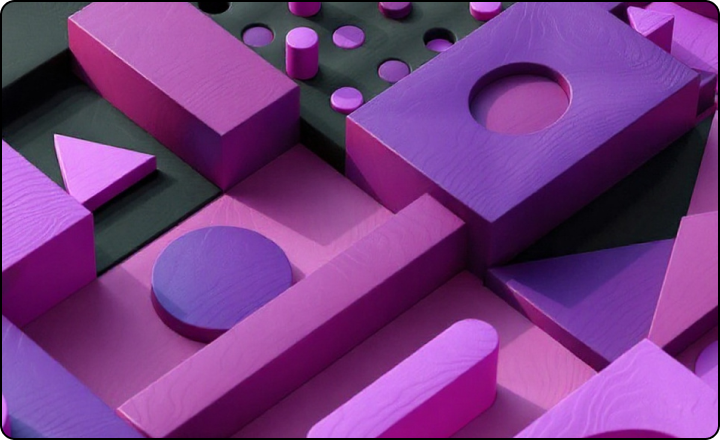 Geometrinių figūrų koliažas rožiniais ir violetiniais tonais, perteikiantis verslo procesų struktūrą ir inovacijų architektūrą.